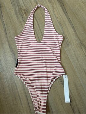 Striped Halter bodysuit in Cream & Red